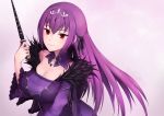  1girl bangs breasts cleavage dress eyebrows_visible_through_hair fate/grand_order fate_(series) fur_trim hair_between_eyes headpiece holding jewelry large_breasts long_hair looking_at_viewer purple_dress purple_hair red_eyes ribbon scathach_(fate)_(all) scathach_(fate/grand_order) scathach_skadi_(fate/grand_order) simple_background smile solo tiara very_long_hair wand weapon yoyuki 