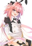  1boy astolfo_(fate) astolfo_(saber)_(fate) bangs black_bow black_ribbon blush bow bowtie commentary_request dress eyebrows_visible_through_hair fang fate/grand_order fate_(series) hair_between_eyes hair_bow hair_intakes hair_ribbon highres hikashou long_hair long_sleeves looking_at_viewer multicolored_hair otoko_no_ko pink_hair purple_eyes ribbon simple_background skin_fang solo streaked_hair twintails white_background white_hair 