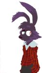  clothed clothing digital_media_(artwork) flannel fur gallil hare heterochromia lagomorph leporid lineless looking_offscreen male mammal portrait purple_body purple_fur saylem_armond simple_background solo teeth white_background 