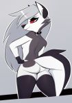  2019 anthro black_nose breasts butt canid canid_demon canine canis choker clothing collar delki demon female gloves grey_hair hair handwear hellhound helluva_boss hi_res jewelry legwear loona_(vivzmind) mammal mostly_nude necklace pinup pose side_boob small_breasts smile smirk solo stockings wolf 