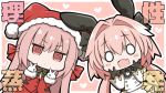 1boy 1girl :d @_@ alternate_costume angeltype animal_ears astolfo_(fate) bangs black_bow black_gloves black_neckwear blush bow bowtie bunny_ears chibi commentary_request double_v dress eyebrows_visible_through_hair fake_animal_ears fang fate/grand_order fate_(series) florence_nightingale_(fate/grand_order) gloves hair_between_eyes hair_bow hair_intakes hair_ribbon hat heart heart_background jacket long_hair multicolored_hair o_o open_mouth otoko_no_ko outline pink_background pink_eyes pink_hair red_jacket ribbon santa_costume santa_hat skin_fang smile streaked_hair striped striped_bow translation_request twintails v v-shaped_eyebrows white_gloves white_hair 