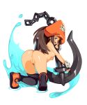  1girl anchor anus ass breasts brown_eyes brown_hair fingerless_gloves gloves guilty_gear hat kneeling long_hair looking_back may_(guilty_gear) nude optionaltypo orange_footwear pantyhose pirate pirate_hat presenting pussy simple_background skull_and_crossbones small_breasts smile solo uncensored white_background 