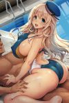  1boy 1girl :d ass atago_(kantai_collection) blonde_hair blue_swimsuit breasts commentary_request competition_swimsuit cover cover_page covered_nipples doujin_cover faceless faceless_male full_body girl_on_top green_eyes hetero highleg highleg_swimsuit highres kantai_collection kekocha large_breasts long_hair one-piece_swimsuit open_mouth pool pool_ladder poolside smile straddling swimsuit water wet wet_clothes wet_swimsuit 