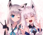  2girls :d ;) ^_^ absurdres ahoge animal_ear_fluff animal_ears azur_lane bad_id bangs black_gloves blue_eyes blue_neckwear blush closed_eyes commentary_request crossover detached_sleeves double_fox_shadow_puppet eyebrows_visible_through_hair fox_ears fox_shadow_puppet gloves hair_between_eyes highres hololive kawakaze_(azur_lane) long_hair long_sleeves look-alike masaki_(msk064) multiple_girls neckerchief one_eye_closed open_mouth shirakami_fubuki shirt silver_hair sleeveless sleeveless_shirt smile upper_body upper_teeth virtual_youtuber white_shirt white_sleeves wide_sleeves 