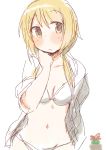  1girl bikini blonde_hair blush closed_mouth commentary_request eyebrows_visible_through_hair facing_viewer hand_on_own_neck hand_up ichii_yui long_hair navel simple_background sketch solo swimsuit tatsunokosso twintails white_background white_bikini yellow_eyes yuyushiki 