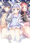  3girls :d :o ;q animal_ears animal_hood anko_(gochiusa) arm_up black_jacket blue_dress blue_eyes blue_hair blue_legwear blush braid brown_eyes bunny_hood character_hood chimame-tai closed_mouth commentary_request dress fake_animal_ears gochuumon_wa_usagi_desu_ka? grey_jacket hair_ornament highres hood hood_up hooded_jacket jacket jouga_maya kafuu_chino kneehighs locked_arms long_hair long_sleeves looking_at_viewer multiple_girls na!?_(naxtuyasai) natsu_megumi one_eye_closed open_clothes open_jacket open_mouth parted_lips pink_dress pink_legwear red_eyes red_hair smile star tippy_(gochiusa) toeless_legwear tongue tongue_out twin_braids v white_jacket wild_geese x_hair_ornament yellow_dress yellow_legwear 