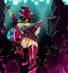  1girl amplifier black_hair boots breasts concert electric_guitar fingerless_gloves from_below gloves guilty_gear guitar hat holding holding_instrument i-no instrument knee_up large_breasts nipple_slip nipples no_bra no_panties optionaltypo pussy red_headwear red_legwear thigh_boots thighhighs uncensored upskirt zettai_ryouiki 