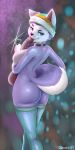  2019 anthro anthrofied butt canid canine canis clothing condom diacordst dildo domestic_dog everest_(paw_patrol) female hat headgear headwear hi_res husky legwear looking_at_viewer looking_back mammal mostly_nude nordic_sled_dog paw_patrol rear_view sex_toy solo spitz thigh_highs 
