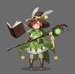  1girl belt_pouch blush book boots bow brown_footwear brown_gloves full_body gloves green_bow green_eyes grey_background hair_ornament hairclip hat hat_feather highres holding holding_staff open_book original pouch red_hair short_hair smile solo staff standing star tachi-e wizard_hat yiqing_(yohare) 