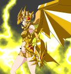  1girl bare_shoulders bodysuit breasts brown_eyes brown_hair claws commentary_request cosplay crossover dragon dragon_horns dragon_wings electricity fangs gloves godzilla_(series) hair_ornament headgear headphones highres horns ignite_module king_ghidorah king_ghidorah_(cosplay) mecha_musume medium_breasts namida_boshi orange_eyes platform_footwear platform_heels red_eyes senki_zesshou_symphogear senki_zesshou_symphogear_xd_unlimited sharp_teeth short_hair skin_tight sky smile symphogear_pendant tachibana_hibiki_(symphogear) teeth torn_bodysuit torn_clothes wings 