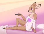  &lt;3 2019 anthro bed brown_body brown_fur cervid clothing digital_media_(artwork) ears_back female fur furniture hi_res holding_object hooves loimu loimu_(character) mammal multicolored_body multicolored_fur on_bed panties pillow pink_eyes pivoted_ears shirt sitting solo tan_body tan_fur topwear two_tone_body two_tone_fur underwear 