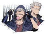  1boy adam&#039;s_apple black_gloves blue_coat blue_eyes chewing_gum coat dated devil_may_cry devil_may_cry_5 fingerless_gloves gloves hood hood_up jewelry kinako_(462) male_focus mechanical_arm necklace nero_(devil_may_cry) padded_coat red_shirt shirt signature sleeves_rolled_up smile solo white_hair 