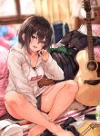  1girl acoustic_guitar bag barefoot bed between_legs black_hair black_legwear black_shorts blurry blurry_background blush book boots bottle bra_strap carpet casual cellphone clothes_removed commentary_request earbuds earphones fang guitar hand_between_legs highres hood hoodie indian_style indoors instrument long_sleeves looking_at_viewer maki_(maki_pei) mechanical_pencil open_mouth original pencil phone pillow pleated_skirt plectrum purple_eyes sailor_collar school_bag school_uniform serafuku short_hair shorts sitting skirt smartphone smile socks_removed solo supreme thigh_boots thighhighs thighs water_bottle window 