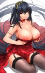  1girl ahoge azur_lane bangs bare_shoulders black_hair blush breast_hold breasts breasts_outside choker cleavage closed_mouth cocktail_dress collarbone commentary_request dated dress eyebrows_visible_through_hair garter_straps hair_between_eyes hair_ornament happa_(cloverppd) head_tilt large_breasts long_hair looking_at_viewer nipples red_choker red_dress red_eyes signature sitting smile solo taihou_(azur_lane) taihou_(forbidden_feast)_(azur_lane) thighhighs very_long_hair 