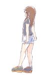  1girl blush brown_eyes brown_hair closed_mouth commentary_request denim denim_shorts eyebrows_visible_through_hair facing_away grey_shirt long_hair looking_at_viewer looking_back okano_kei shirt short_sleeves shorts simple_background solo standing tatsunokosso white_background yuyushiki 