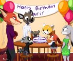  aggressive_retsuko ailurid balloon banner barefoot birthday_cake black_body black_fur black_nose bottomwear brown_body brown_fur cake candle canid canine chair clothed clothing crossed_arms crossover dipstick_ears disney dress english_text food fox fully_clothed fur furniture green_eyes grey_body grey_fur group haida hyaenid inner_ear_fluff inside judy_hopps lagomorph leporid looking_at_another mammal multicolored_ears nick_wilde orange_body orange_fur pants parent parent_and_child procyonid purple_eyes rabbit raccoon red_fox red_panda retsuko sanrio shirt sitting skeletonguys-and-ragdolls smile standing stool table text topwear tuft white_body white_fur yellow_body yellow_fur zootopia 