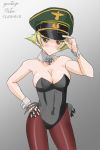  1girl adjusting_clothes adjusting_hat animal_ears artist_name black_leotard blonde_hair blush breasts brown_eyes brown_legwear bunny_ears bunnysuit cleavage closed_mouth collar commentary covered_navel cowboy_shot dated detached_collar erwin_(girls_und_panzer) girls_und_panzer goggles goggles_on_headwear gradient gradient_background green_headwear grey_background hand_on_hip hat iron_cross leotard light_frown looking_at_viewer matsui_yasutsugu medium_breasts military_hat pantyhose peaked_cap pointy_hair short_hair side-tie_leotard signature solo standing strapless strapless_leotard white_collar wing_collar wrist_cuffs 