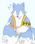  2019 anthro balls blue_body blue_fur canid canine canis domestic_dog fur humanoid_hands japanese_text male mammal masturbation penis simple_background solo text tinntira white_background white_body white_fur 