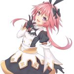  1boy astolfo_(fate) astolfo_(saber)_(fate) bangs black_bow black_gloves black_ribbon bow bowtie commentary_request dress fate_(series) gloves hair_bow hair_intakes hair_ribbon long_hair long_sleeves looking_at_viewer multicolored_hair otoko_no_ko pink_hair purple_eyes ribbon rikku_(licloud28) simple_background solo streaked_hair twintails white_background 