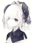  1girl ascot bangs black_flower black_hairband black_rose brooch collar eyebrows_visible_through_hair eyes_visible_through_hair face flower frilled_hairband frills grey_eyes hair_between_eyes hair_flower hair_ornament hair_over_one_eye hairband highres hito_komoru jewelry lace lolita_hairband looking_at_viewer open_mouth original portrait rose short_hair simple_background solo white_background white_hair white_neckwear 