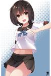  1girl absurdres alternate_hairstyle anchor_print artist_logo artist_name bangs belly_peek black_collar black_skirt blue_background blue_ribbon breasts brown_eyes brown_hair collar collarbone commentary_request eyebrows_behind_hair eyes_visible_through_hair fang fubuki_(kantai_collection) hibiki_zerocodo highres kantai_collection medium_breasts navel neck_ribbon open_mouth pleated_skirt remodel_(kantai_collection) ribbon sailor_collar shirt short_ponytail short_sleeves skin_fang skirt tagme thighs two-tone_background white_background white_shirt 