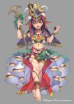  1girl bangs bare_shoulders barefoot black_hair breasts cobra_(animal) commentary_request egyptian_clothes grey_background hair_ornament highres holding holding_spring_onion holding_staff horns jewelry large_breasts looking_at_viewer navel official_art onion open_mouth original simple_background snake solo staff takamiya_ren toe_ring wrist_cuffs yellow_eyes 