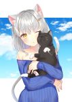  1girl ;o animal animal_ear_fluff animal_ears animal_hug bare_shoulders black_cat blue_sky blue_sweater blush breasts brown_eyes cat cat_ears cat_girl cat_tail cloud cloudy_sky collarbone commentary_request day dress highres long_hair long_sleeves medium_breasts off-shoulder_sweater off_shoulder one_eye_closed original outdoors parted_lips ribbed_sweater silver_hair sky sleeves_past_wrists solo sweater sweater_dress tail upper_body yuraiko 