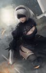 1girl black_blindfold black_dress black_legwear blindfold blurry blurry_background boots breasts cleavage_cutout dress gloves hairband highres holding holding_sword holding_weapon katana knee_boots long_sleeves mole mole_under_mouth nier_(series) nier_automata outdoors puffy_sleeves short_hair silver_hair solo sword thighhighs weapon yiqing_(yohare) yorha_no._2_type_b 