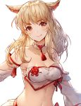  1girl animal_ears blonde_hair breasts brown_eyes cat_ears choker cleavage crop_top detached_sleeves eyebrows_visible_through_hair final_fantasy final_fantasy_xiv khj large_breasts long_hair midriff miqo&#039;te navel ribbon smile whisker_markings 