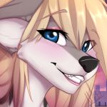  1:1 2019 anthro blonde_hair blue_eyes canid canine canis digital_media_(artwork) eyebrows eyelashes female hair looking_at_viewer low_res mammal smile solo teeth wolf wolflady 