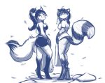  2019 anthro breasts canid canine clothed clothing digital_media_(artwork) duo female fox hi_res infinitedge mammal procyonid raccoon smile 