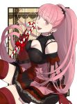  1girl absurdres breasts candy candy_cane cleavage dress earrings fire_emblem fire_emblem:_three_houses food gloves highres hilda_valentine_goneril holding jewelry long_hair nenekantoku open_mouth pink_eyes pink_hair ponytail red_gloves solo twitter_username 
