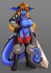  2019 anthro armor big_breasts blonde_hair blue_eyes blue_tongue breasts chameleon clothing ear_piercing eyebrows eyelashes female finger_claws grey_background hair hi_res holding_object holding_weapon lizard long_hair looking_at_viewer melee_weapon navel navel_piercing nipple_piercing nipples non-mammal_breasts open_mouth piercing quesi reptile scalie simple_background slimefur solo striped_body stripes sword tongue weapon 