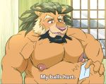  abs arsalan blush english_text facial_hair felid hair hi_res lion loneliestbara male mammal mane mane_hair mature_male muscular muscular_male nipples pantherine pecs solo text tokyo_afterschool_summoners video_games 