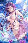  1girl ;o artist_name bangs bare_shoulders bikini blue_sky breasts cloud collarbone commentary cuts day doki_doki_literature_club english_commentary eyebrows_visible_through_hair flower hair_between_eyes hair_flower hair_ornament highres injury large_breasts long_hair looking_at_viewer navel o-ring o-ring_bikini one_eye_closed open_mouth outdoors potetos7 purple_eyes purple_hair sarong scar sky solo swimsuit twitter_username very_long_hair water water_drop white_bikini wince yuri_(doki_doki_literature_club) 