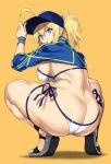  1girl ahoge artoria_pendragon_(all) ass back bangs baseball_cap bikini blonde_hair blue_eyes blue_headwear blue_jacket bnc_(bunshi) breasts cropped_jacket fate/grand_order fate_(series) hair_between_eyes hair_through_headwear hat jacket large_breasts long_hair looking_at_viewer looking_back mysterious_heroine_xx_(foreigner) open_mouth ponytail sandals shrug_(clothing) side-tie_bikini sidelocks simple_background solo squatting swimsuit thigh_strap thighs white_bikini wristband yellow_background 