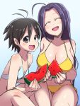  2girls :d ahoge antenna_hair bangs bikini black_hair blue_background breasts cleavage closed_eyes eating flat_chest food fruit gradient gradient_background head_tilt highres idolmaster idolmaster_(classic) kikuchi_makoto knees_up konboi-eg large_breasts long_hair looking_at_viewer miura_azusa multiple_girls open_mouth purple_eyes short_hair sitting smile swimsuit watermelon white_bikini yellow_bikini 