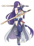 1girl altina bangs bare_shoulders blue_hair blue_legwear breasts dual_wielding fire_emblem fire_emblem:_radiant_dawn fire_emblem_heroes full_body holding holding_sword holding_weapon knee_up large_breasts long_hair looking_at_viewer low-tied_long_hair parted_bangs shiseki_hirame simple_background solo standing standing_on_one_leg sword thighhighs very_long_hair weapon white_background 
