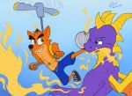  activision bandicoot blue_eyes clothed clothing crash_bandicoot crash_bandicoot_(series) death_battle! dragon fight fire fur hi_res kick male mammal marsupial one_eye_closed orange_body orange_fur propeller purple_body purple_scales scales smile soulcentinel spyro spyro_the_dragon topless video_games yellow_body yellow_skin 