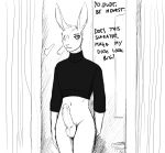  2019 anthro balls black_and_white bottomless clothed clothing english_text hair hair_over_eye hi_res hladilnik lagomorph leporid male mammal monochrome one_eye_obstructed penis rabbit solo sweater text topwear 