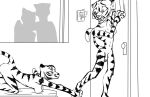  2019 all_fours anthro athletic bed breasts butt comic crawling digital_media_(artwork) duo felid female furniture hi_res male male/female mammal monochrome nipples nude pantherine penis scared startled stripes tiger xaskai 