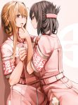  2girls black_hair blonde_hair blush brown_eyes destroyer98 hair_ornament long_hair multiple_girls nurse original red_eyes wall_slam yuri 