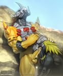  anthro armor balls biceps big_penis blackwargreymon bodily_fluids claws cum cum_in_mouth cum_inside cum_on_leg cumshot digimon digimon_(species) ejaculation erection genital_fluids headgear helmet hi_res horn humanoid_penis male male/male muscular muscular_male oral oral_penetration orgasm penetration penis scalie todex vein veiny_penis wargreymon 