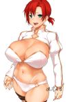  1girl :d bangs bikini boudica_(fate/grand_order) breasts cleavage commentary_request fate/grand_order fate_(series) green_eyes juliet_sleeves large_breasts long_sleeves midriff navel o-ring o-ring_bikini o-ring_bottom o-ring_top obmas_(pfeito) open_mouth puffy_sleeves red_hair short_ponytail smile standing swimsuit thigh_strap white_bikini 