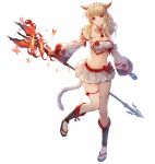  1girl animal_ears bare_shoulders blonde_hair bow breasts cat_ears cat_girl cat_tail choker cleavage closed_mouth collarbone crop_top detached_sleeves facial_mark final_fantasy final_fantasy_xiv full_body highres holding holding_staff khj large_breasts leg_up long_hair looking_at_viewer magic midriff miniskirt miqo&#039;te navel pleated_skirt red_bow red_eyes sandals simple_background skirt smile solo staff standing standing_on_one_leg stomach tail tassel thighs white_background white_skirt wide_sleeves 