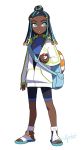  1girl anklet beads bike_shorts black_shorts blue_eyes braid dark_skin gym_leader hair_beads hair_bun hair_ornament holding holding_poke_ball innertube jacket jewelry kabo_(friedpotat) multiple_braids poke_ball poke_ball_(generic) pokemon pokemon_(game) pokemon_swsh rurina_(pokemon) sandals shorts simple_background solo twitter_username white_background white_footwear white_jacket younger 