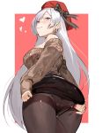  1girl ass ass_visible_through_thighs asymmetrical_bangs azur_lane bangs belfast_(azur_lane) belfast_(shopping_with_the_head_maid)_(azur_lane) blush border food from_below grey_hair hat highres long_hair midriff outside_border panties panties_under_pantyhose pantyhose pocky pocky_kiss purple_eyes red_background smile solo sweater thighband_pantyhose thighs tommy830219 underwear white_border 