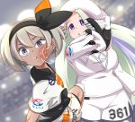  2girls :o black_bodysuit blonde_hair bodysuit bodysuit_under_clothes breasts clothes_writing crowd dark_skin drooling gloves grey_eyes grey_hair grey_legwear gym_leader hairband highres knee_pads large_breasts legwear_under_shorts long_hair long_sleeves melon_(pokemon) multicolored_hair multiple_girls pantyhose pokemon pokemon_(game) pokemon_swsh purple_eyes saitou_(pokemon) short_hair short_shorts short_sleeves shorts slapping stadium streaked_hair sunz7244 sweater two-tone_gloves very_long_hair white_shorts white_sweater 