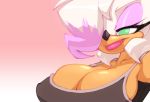  big_breasts bigdad breasts bust_portrait chiropteran cleavage clothed clothing female fur hair hair_over_eye huge_breasts looking_at_viewer mammal portrait rouge_the_bat simple_background solo sonic_the_hedgehog_(series) tan_body tan_skin white_body white_fur white_hair 