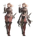  1girl ahoge armor belt bird bird_on_finger boots breasts brown_eyes brown_footwear brown_hair chainmail coattails collage commentary_request full_body gloves highres jun_(seojh1029) large_breasts multiple_views original pants red_pants scabbard sheath sheathed solo_focus strap sword thigh_boots thigh_gap thighhighs walking weapon wind wind_lift zweihander 